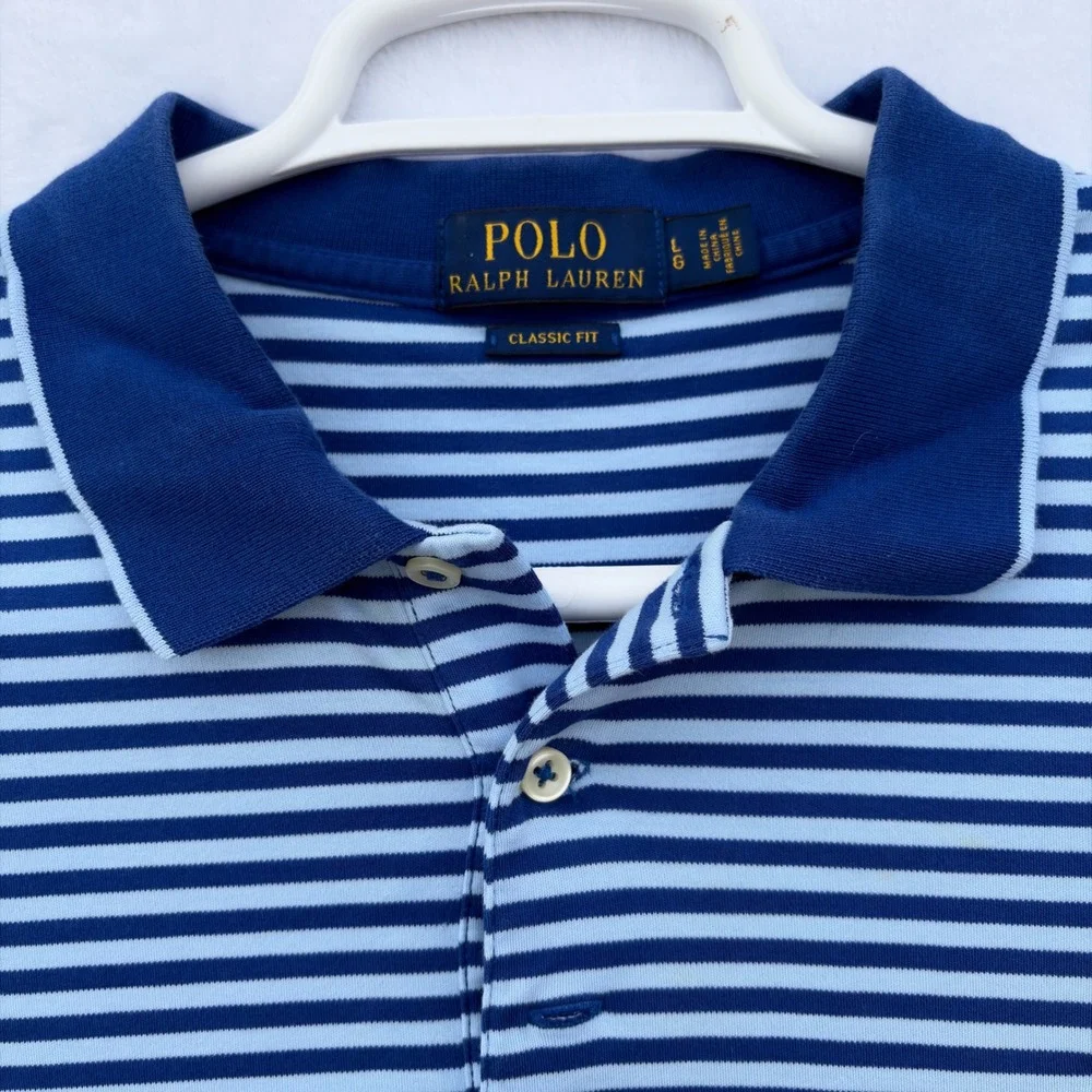 Polo Ralph Lauren Pique Polo‎ Shirt Mens L Blue Striped Classic Fit Short Sleeve